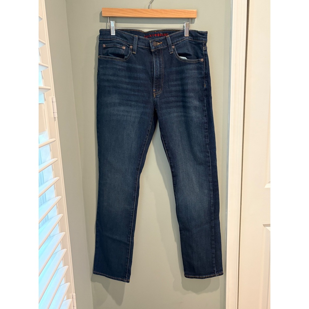 Lucky Brand Mens 33x32 Dark Wash Straight Leg Stretch Denim Blue Jeans